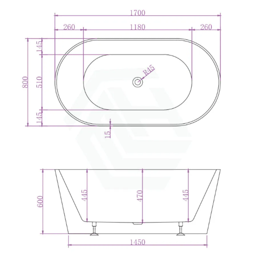 1500/1700mm Mia Riva-Slim Bathtub Oval Freestanding Matt White Acrylic NO Overflow