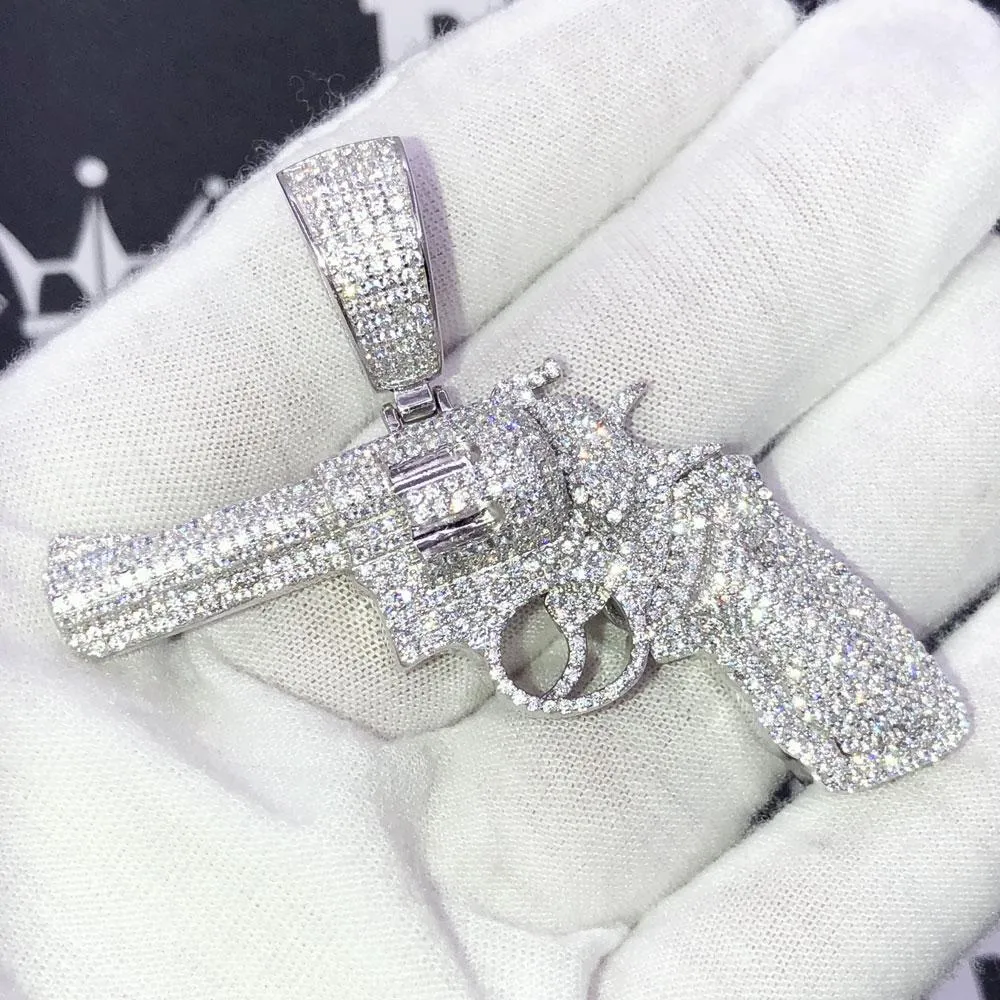 .925 Silver Revolver Gun VVS CZ Iced Out Pendant