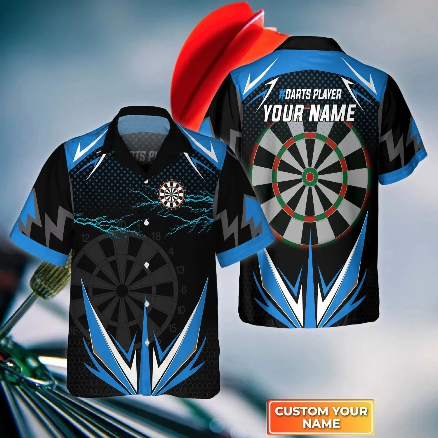 Blue Darts Thunder And Lightning Personalized Name 3D Hawaiian Shirt For Darts Player