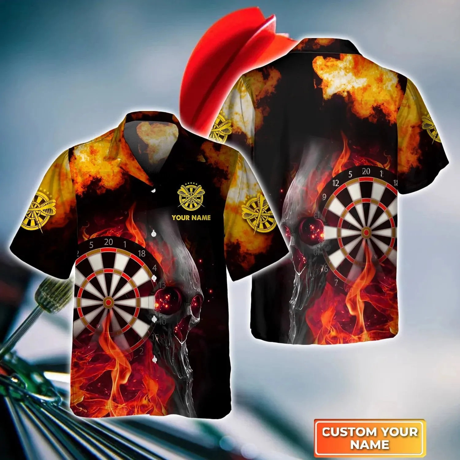 Dartboard Flame Personalized Name 3D Hawaiian Shirt For Darts Team Player, Fire and Thunder Dart Hawaiian