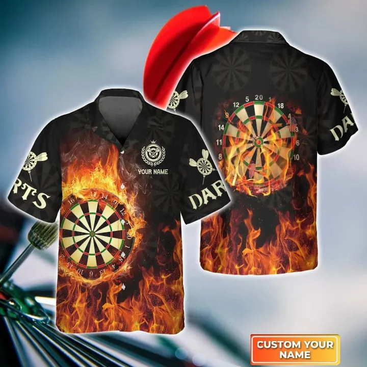 Darts On Fire Personalized Name 3D Hawaiian Shirt, Gift For Darts player, Dart Hawaiian Shirt