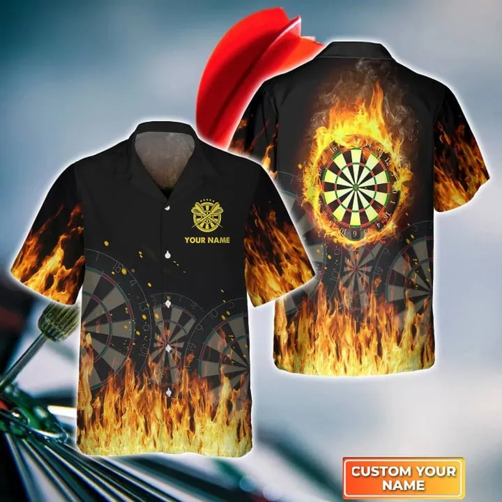 Darts On Fire Personalized Name 3D Hawaiian Shirt, Gift For Darts player, Dart Hawaiian Shirt