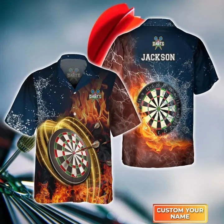 Darts On Fire Personalized Name 3D Hawaiian Shirt, Gift For Darts player, Dart Hawaiian Shirt