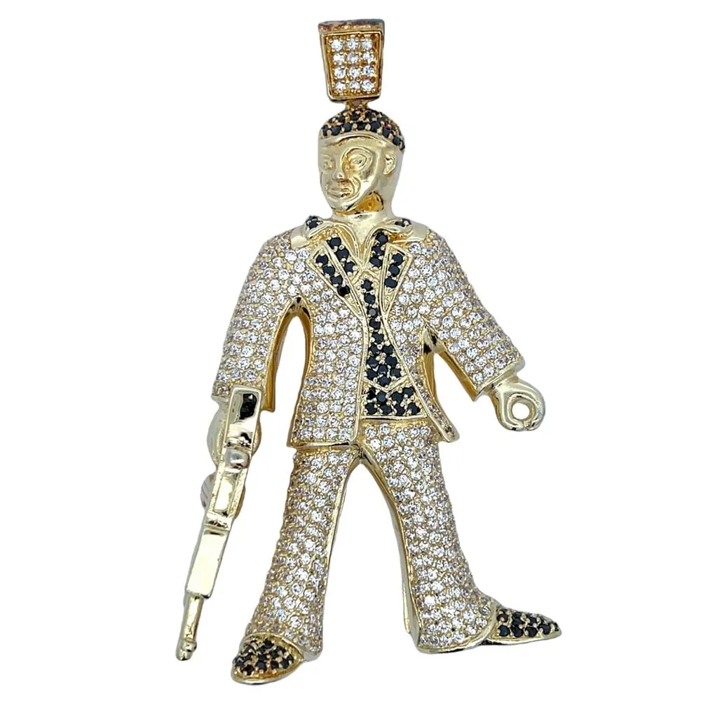 Gold Suit Guy with Gun Black & White CZ Iced Out Pendant