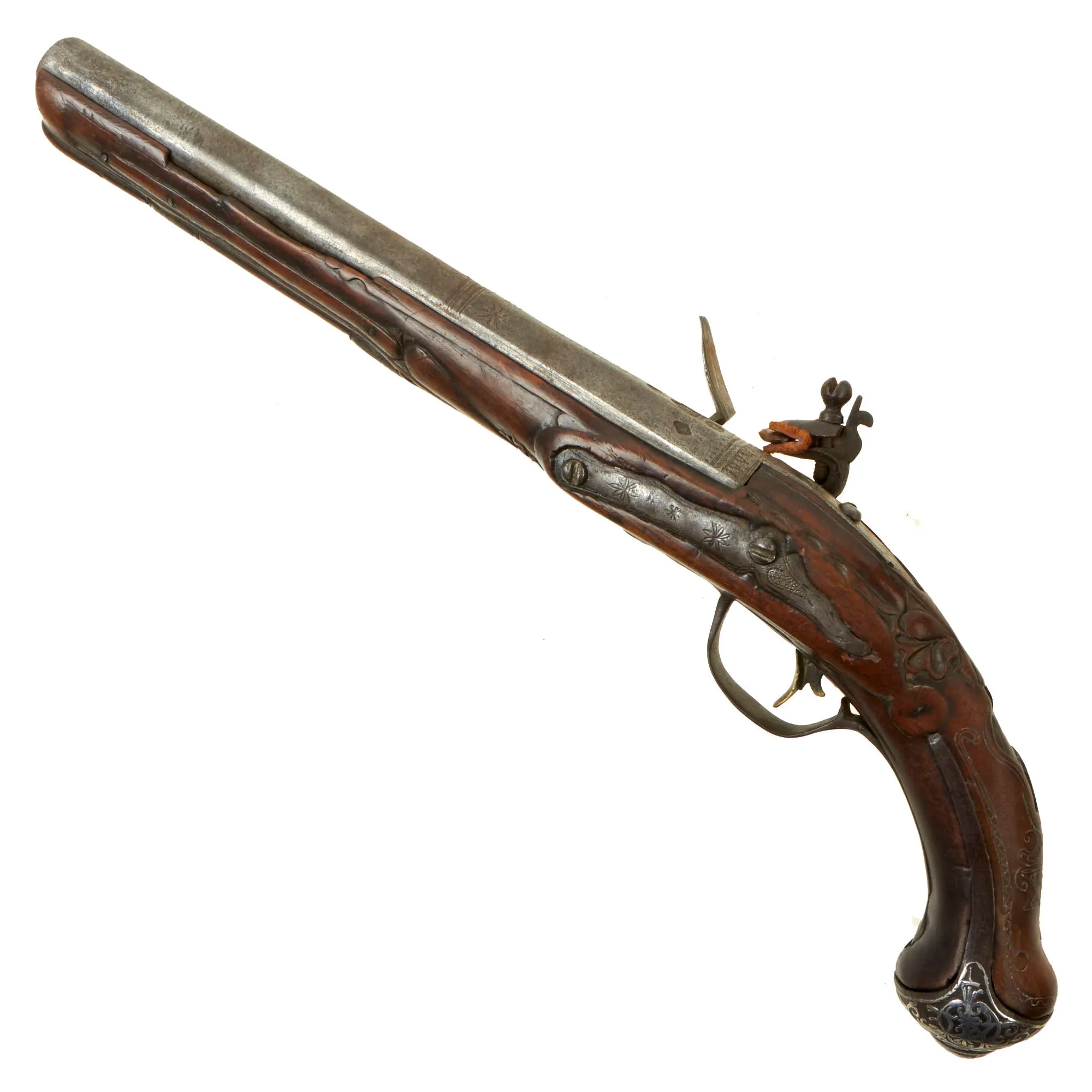 Original 19th Century Ottoman Short Flintlock Holster Pistol with Silver Decorated Butt Cap and Carved Stock