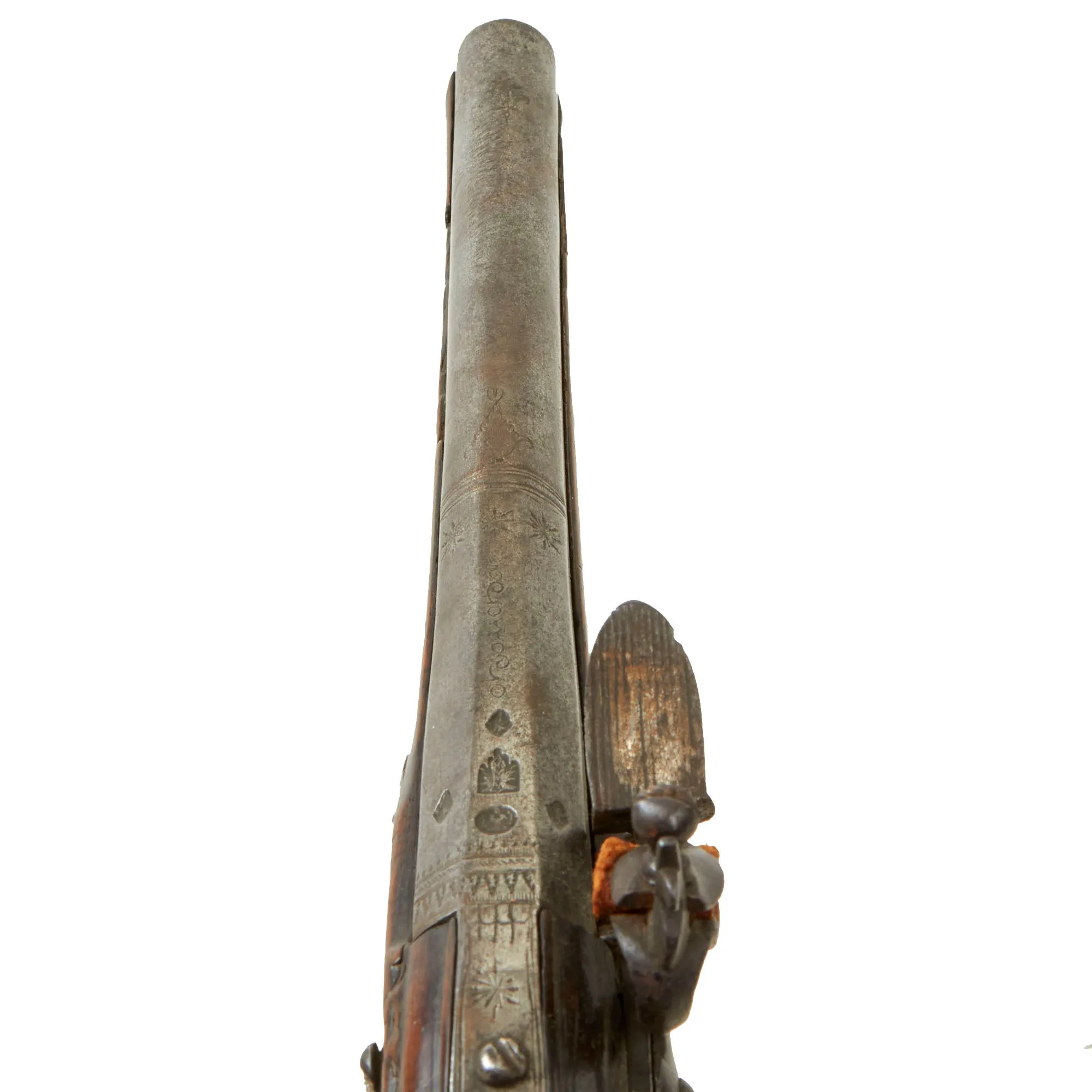 Original 19th Century Ottoman Short Flintlock Holster Pistol with Silver Decorated Butt Cap and Carved Stock