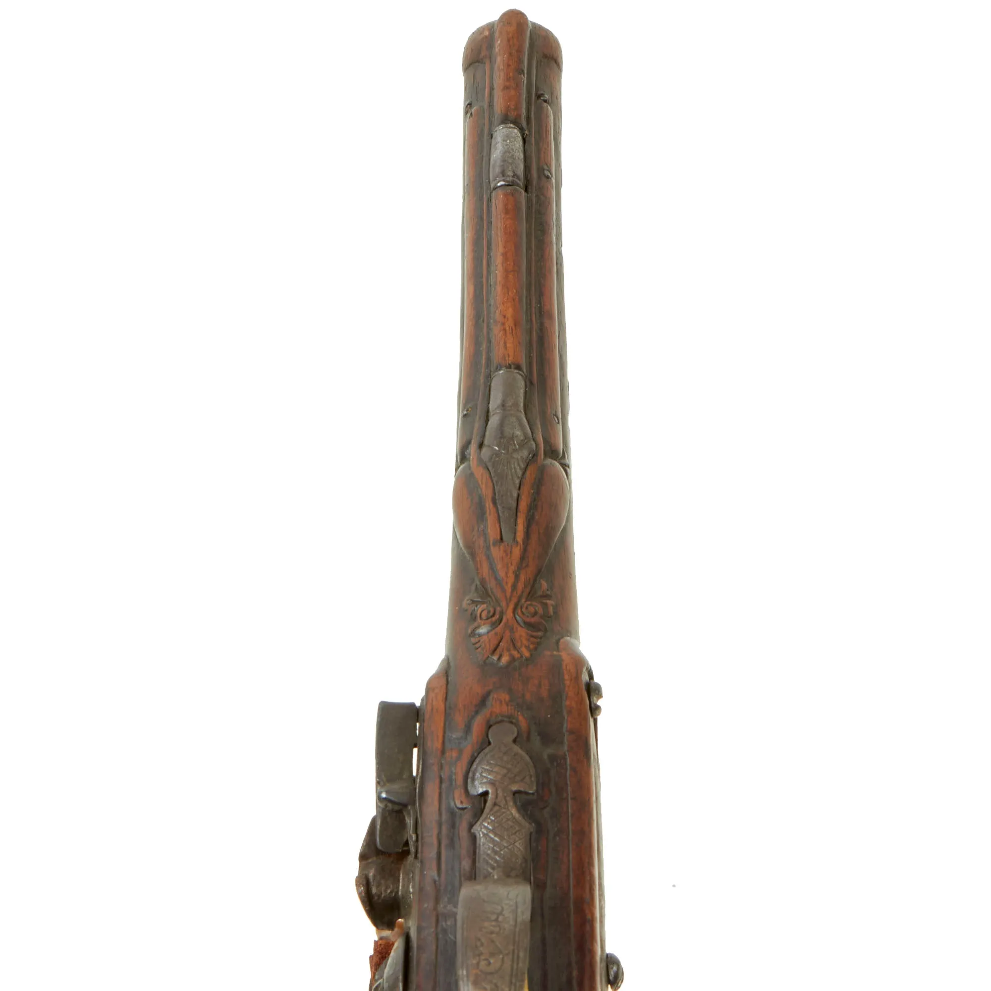 Original 19th Century Ottoman Short Flintlock Holster Pistol with Silver Decorated Butt Cap and Carved Stock