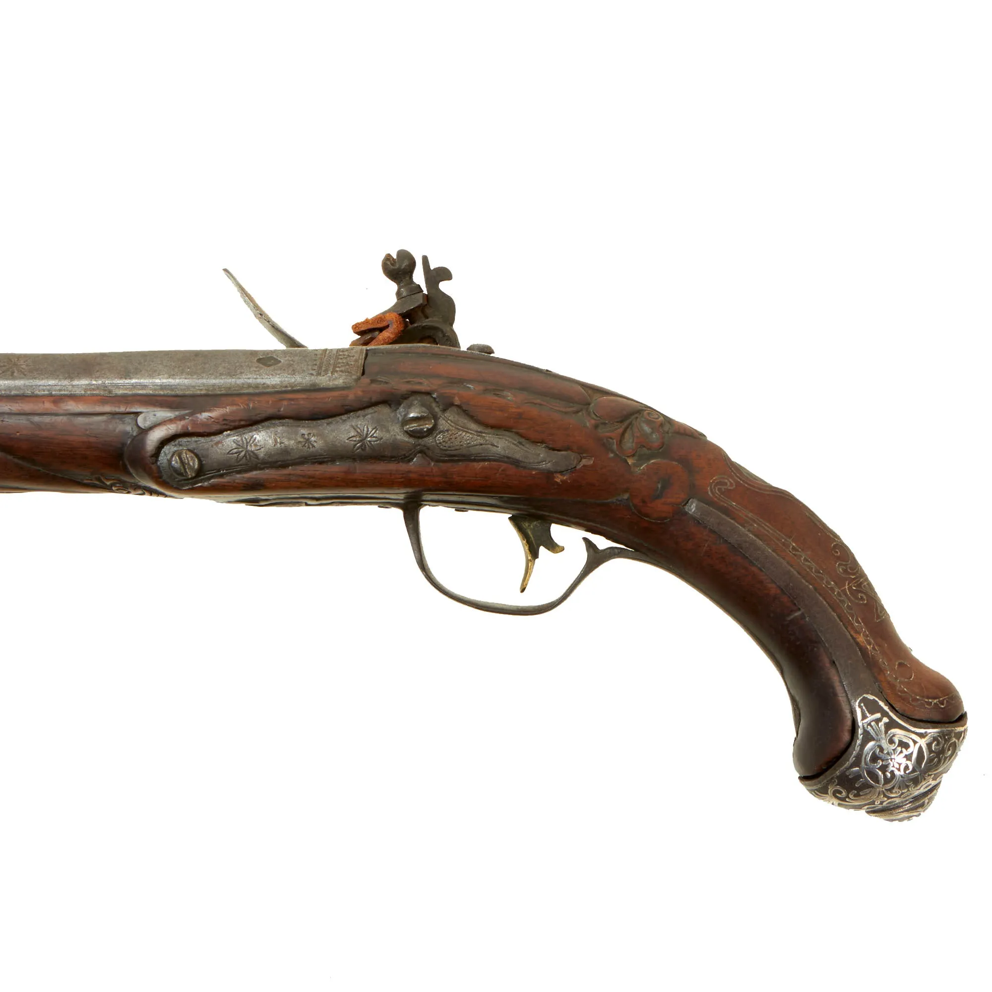 Original 19th Century Ottoman Short Flintlock Holster Pistol with Silver Decorated Butt Cap and Carved Stock