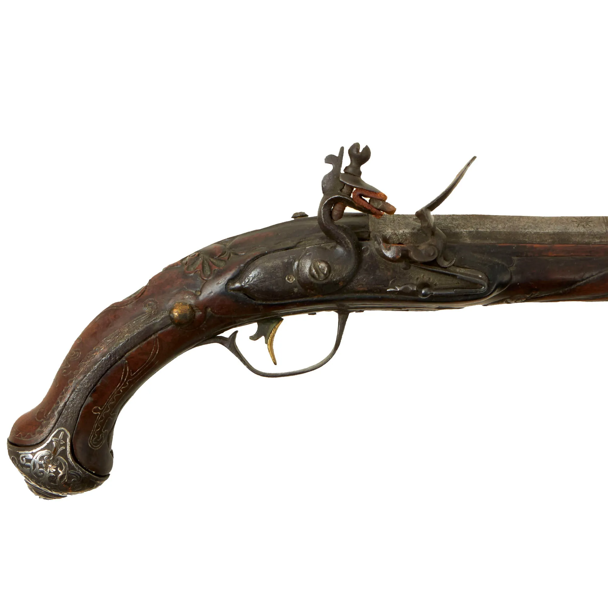 Original 19th Century Ottoman Short Flintlock Holster Pistol with Silver Decorated Butt Cap and Carved Stock