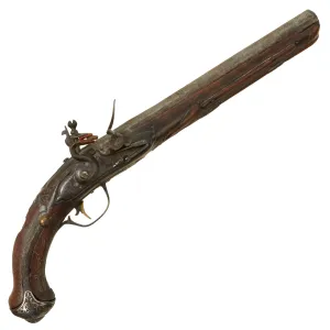 Original 19th Century Ottoman Short Flintlock Holster Pistol with Silver Decorated Butt Cap and Carved Stock