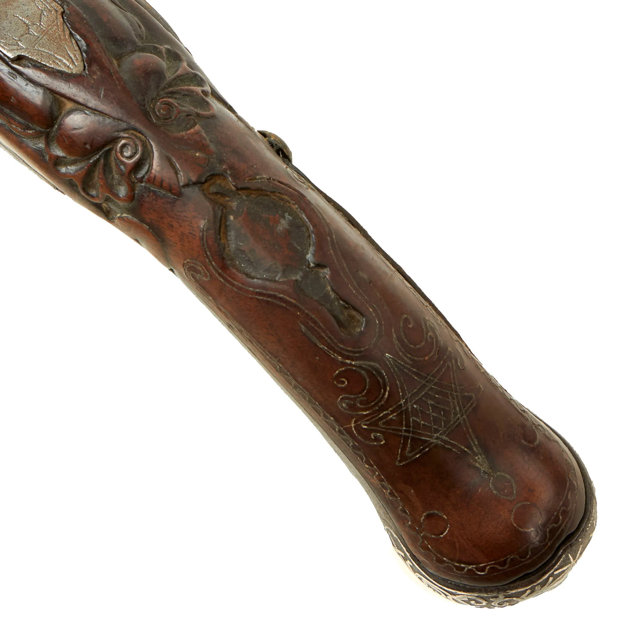 Original 19th Century Ottoman Short Flintlock Holster Pistol with Silver Decorated Butt Cap and Carved Stock