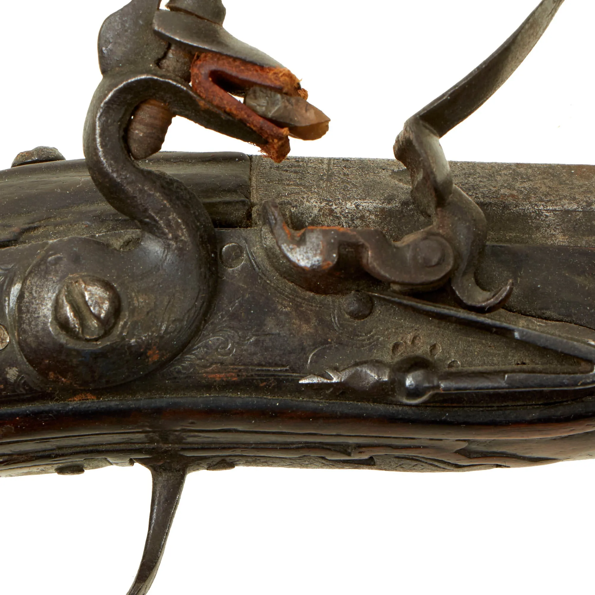 Original 19th Century Ottoman Short Flintlock Holster Pistol with Silver Decorated Butt Cap and Carved Stock