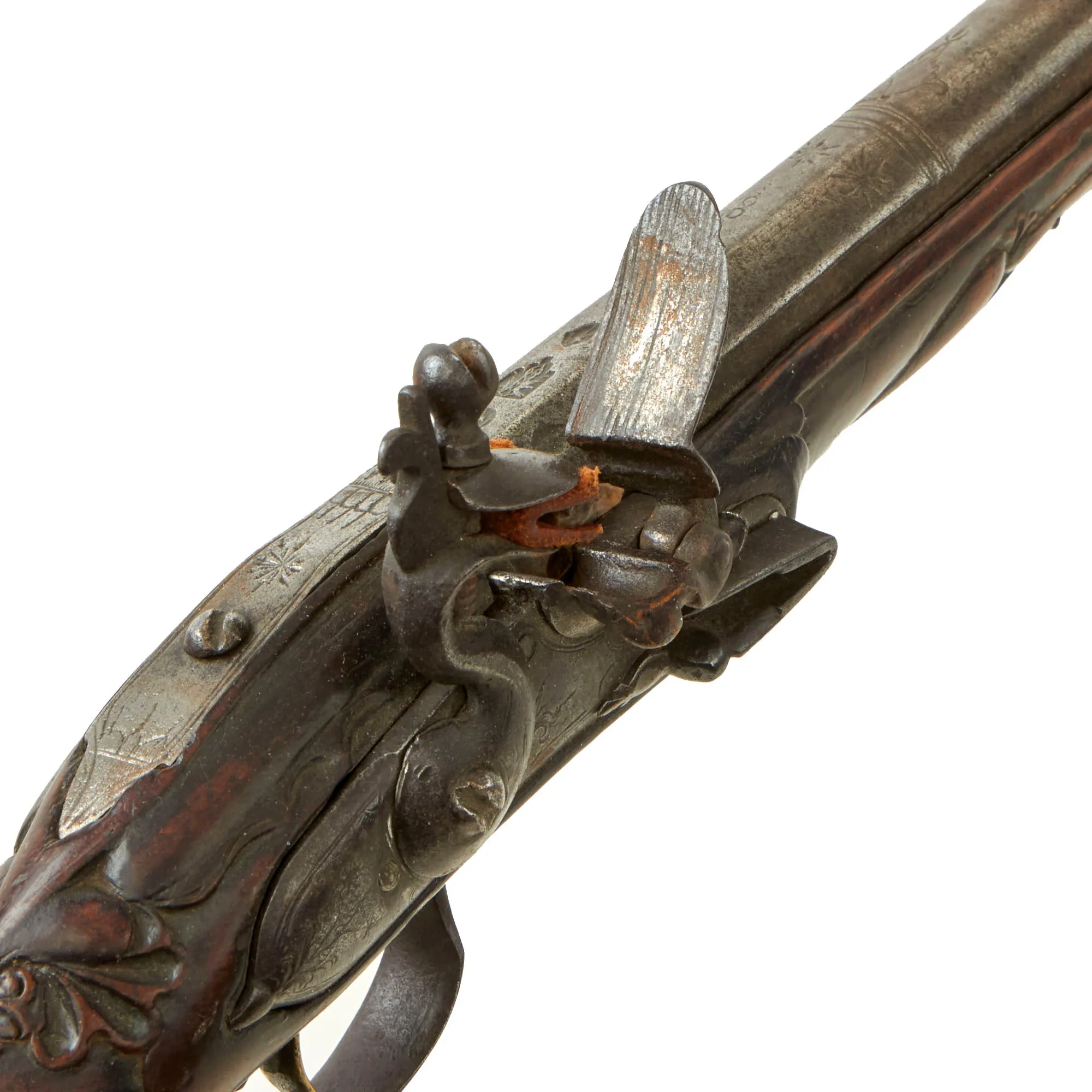 Original 19th Century Ottoman Short Flintlock Holster Pistol with Silver Decorated Butt Cap and Carved Stock