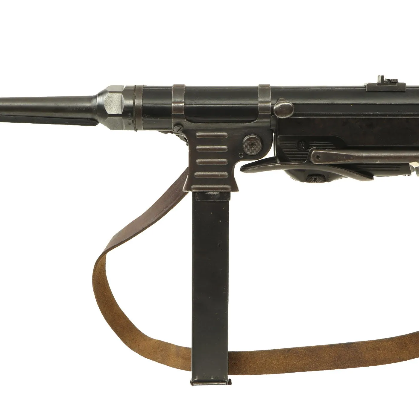 Original German WWII 1943 Dated MP 40 Display Gun by ERMA with Live Barrel, Sling & Magazine - Matching Serial 5743j