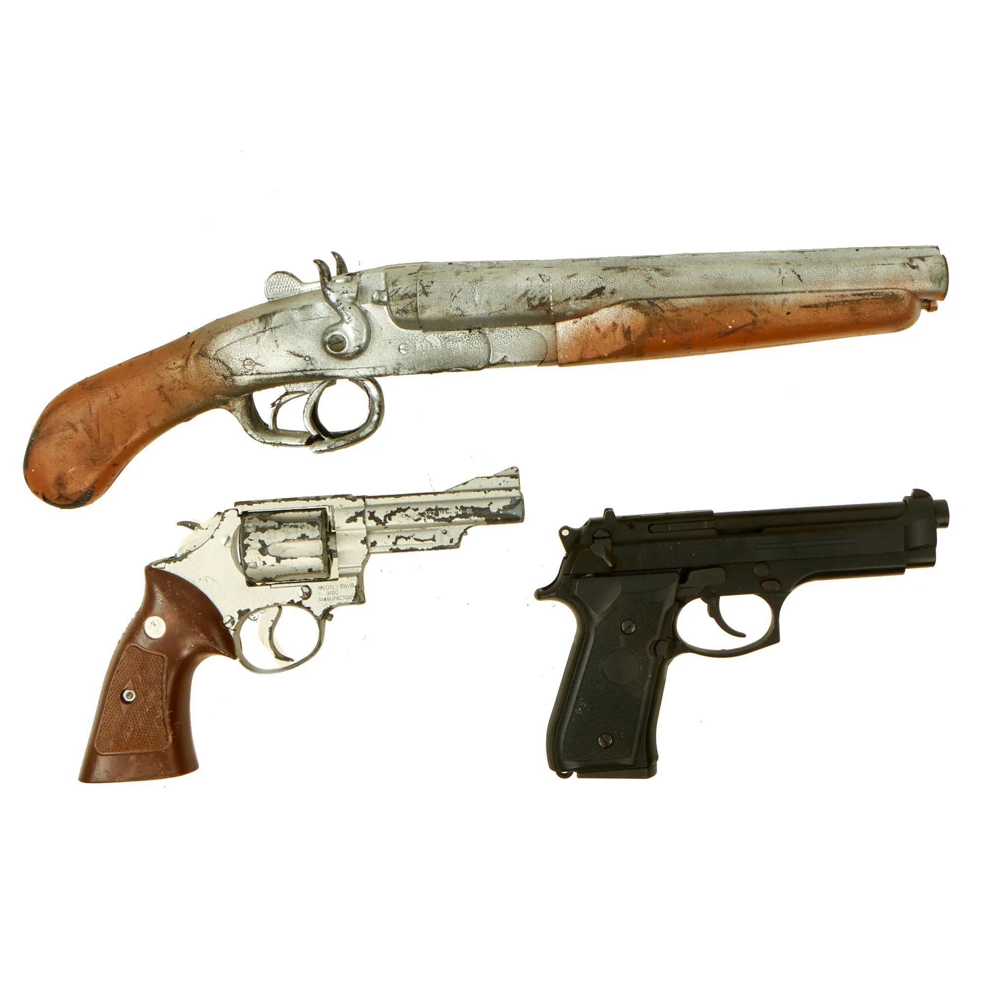 Original Hollywood Film Steel, Plastic and Rubber Prop Pistols from Ellis Props & Graphics as well as MGC and Maraushin - Beretta 92, .357 and Sawed Off Shotgun - 3 Items