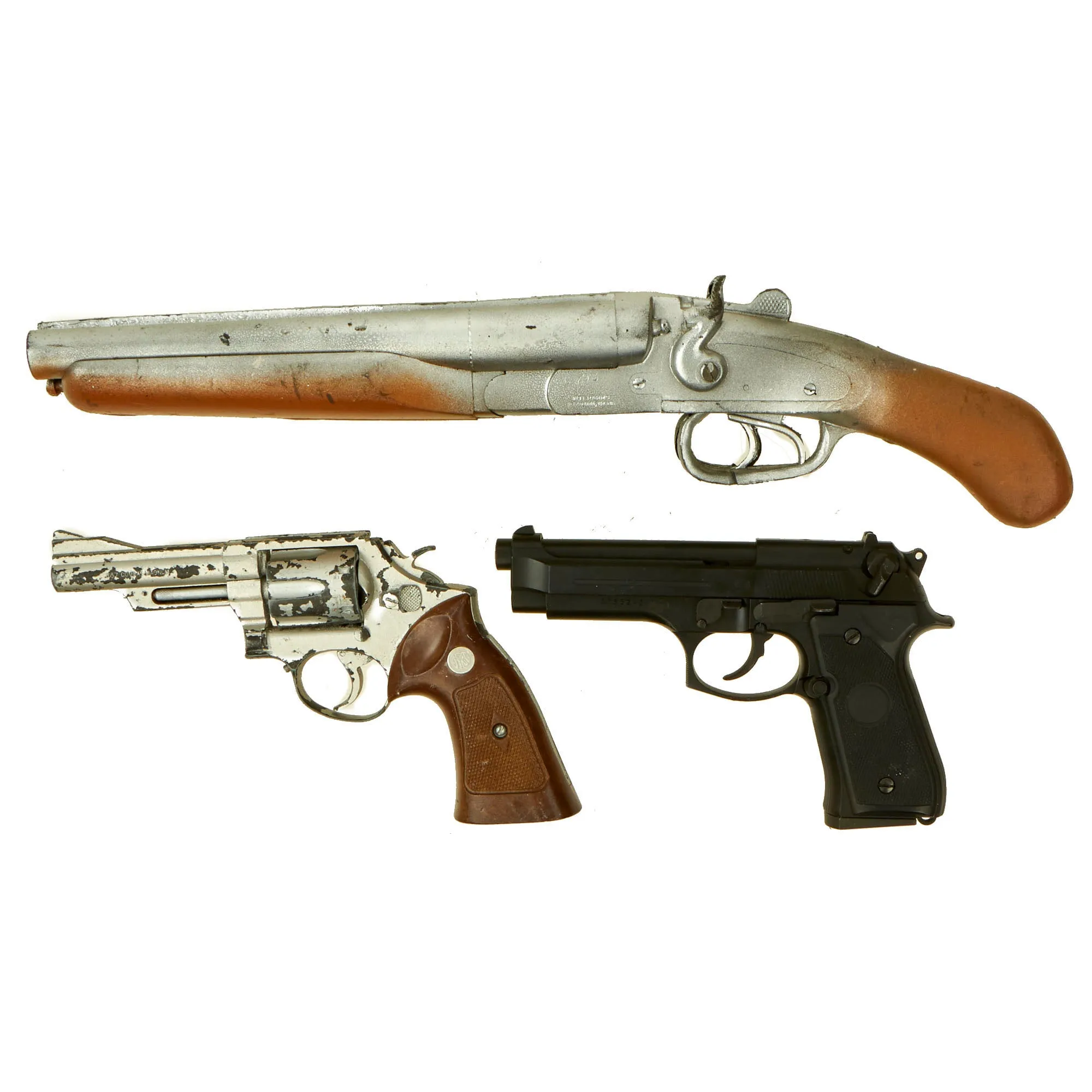 Original Hollywood Film Steel, Plastic and Rubber Prop Pistols from Ellis Props & Graphics as well as MGC and Maraushin - Beretta 92, .357 and Sawed Off Shotgun - 3 Items