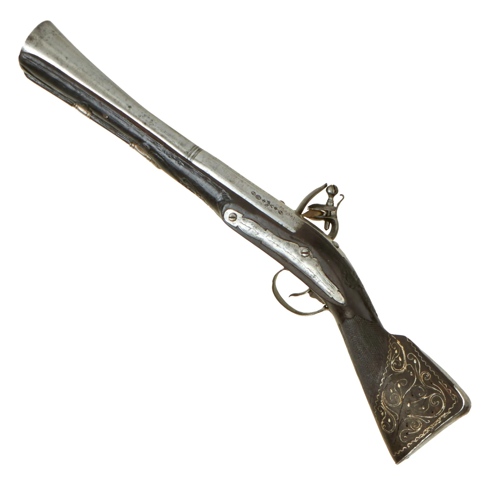 Original Ottoman Flintlock Full Stock Blunderbuss Pistol with Silver Wire Inlaid Butt Stock - circa 1800-1840