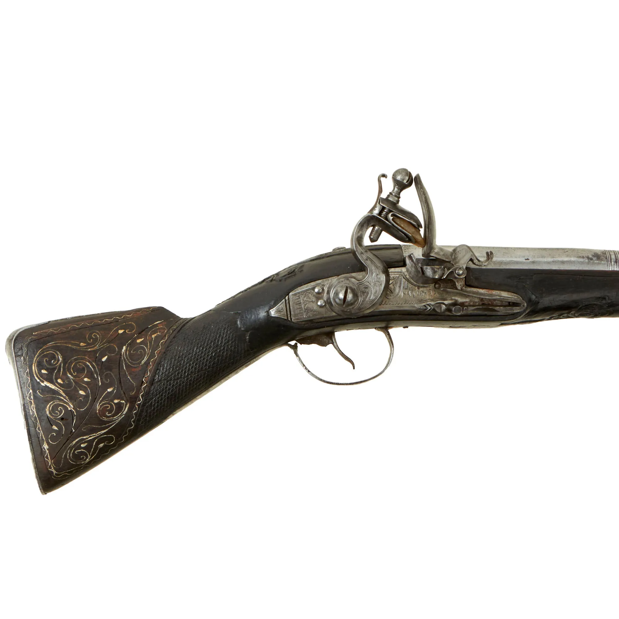 Original Ottoman Flintlock Full Stock Blunderbuss Pistol with Silver Wire Inlaid Butt Stock - circa 1800-1840