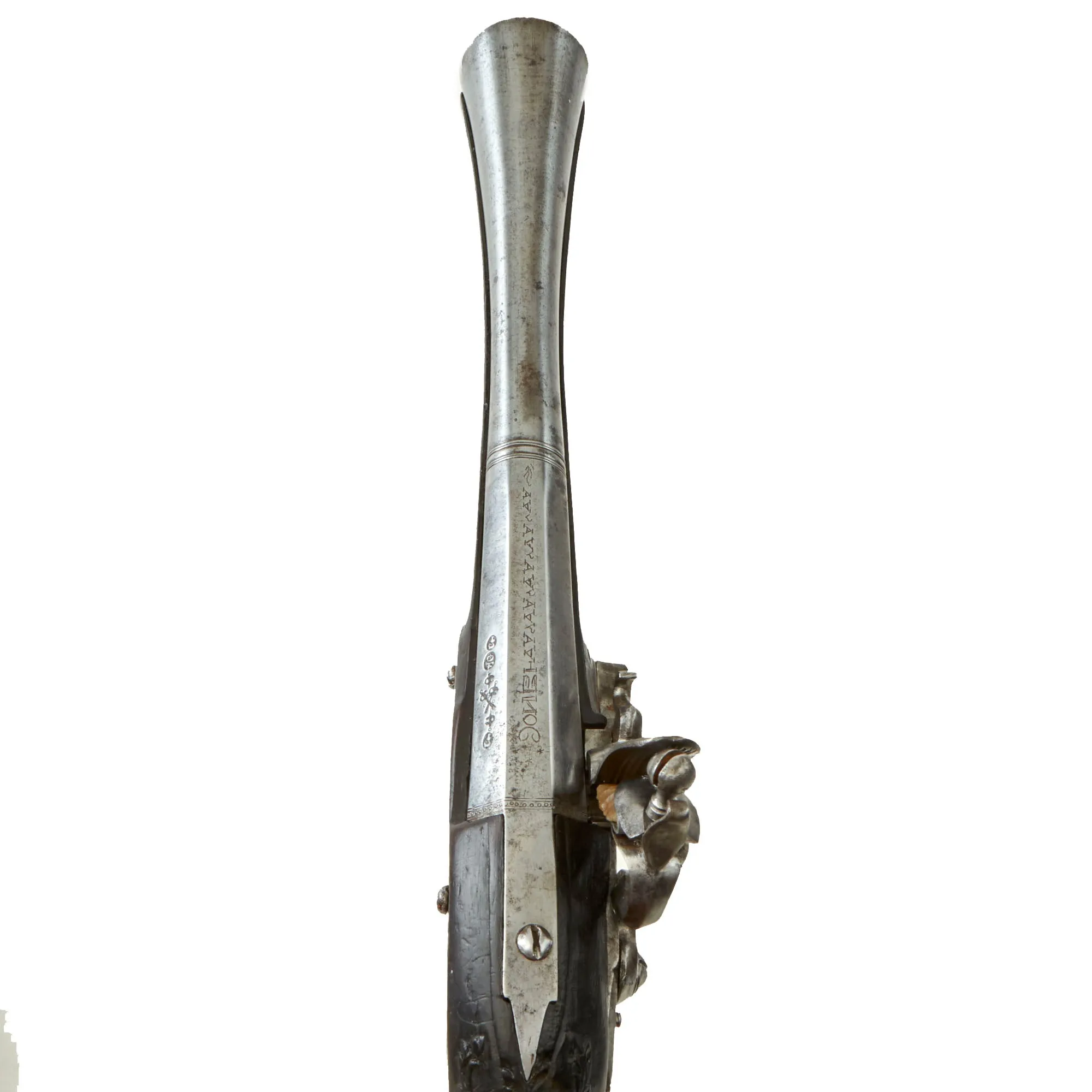 Original Ottoman Flintlock Full Stock Blunderbuss Pistol with Silver Wire Inlaid Butt Stock - circa 1800-1840