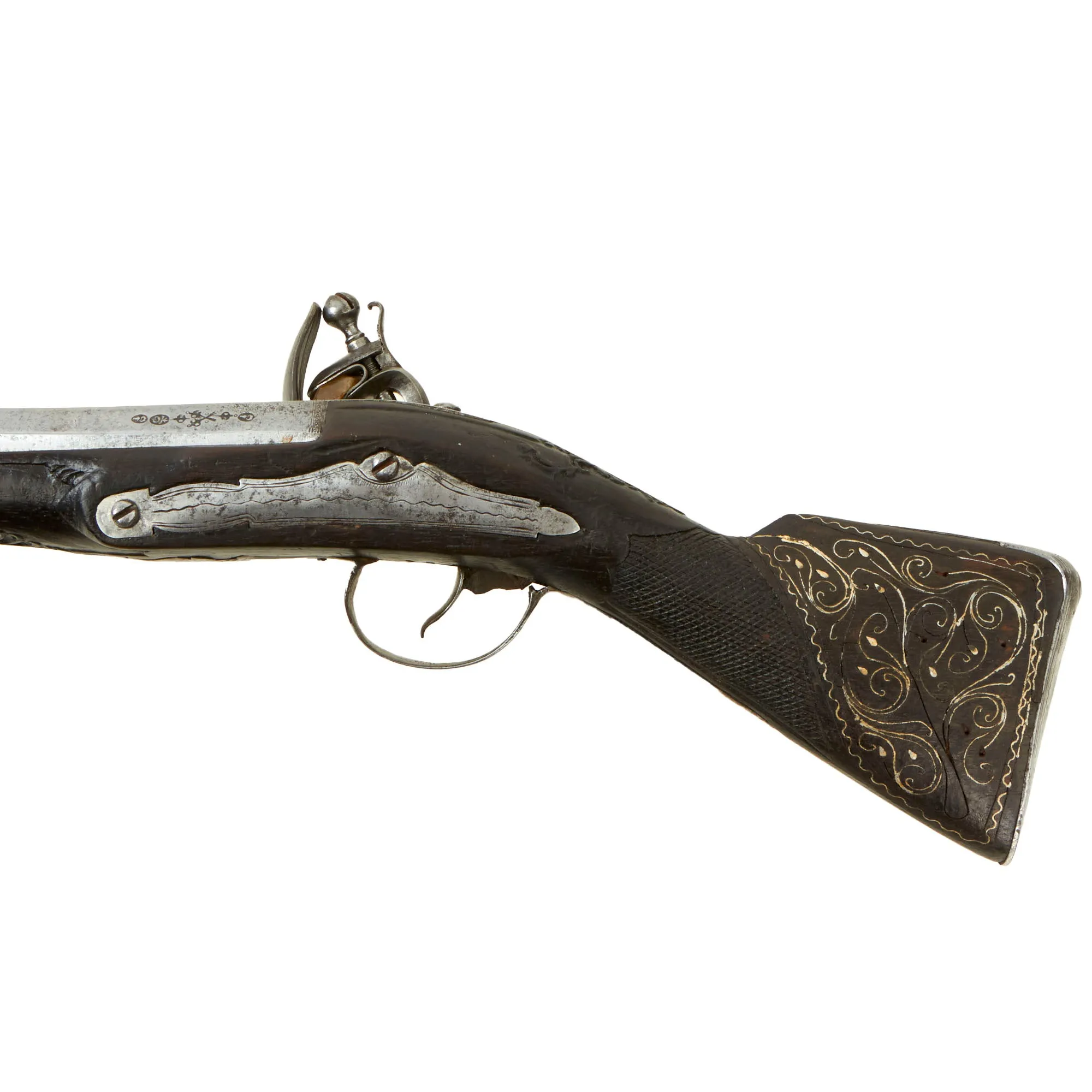 Original Ottoman Flintlock Full Stock Blunderbuss Pistol with Silver Wire Inlaid Butt Stock - circa 1800-1840