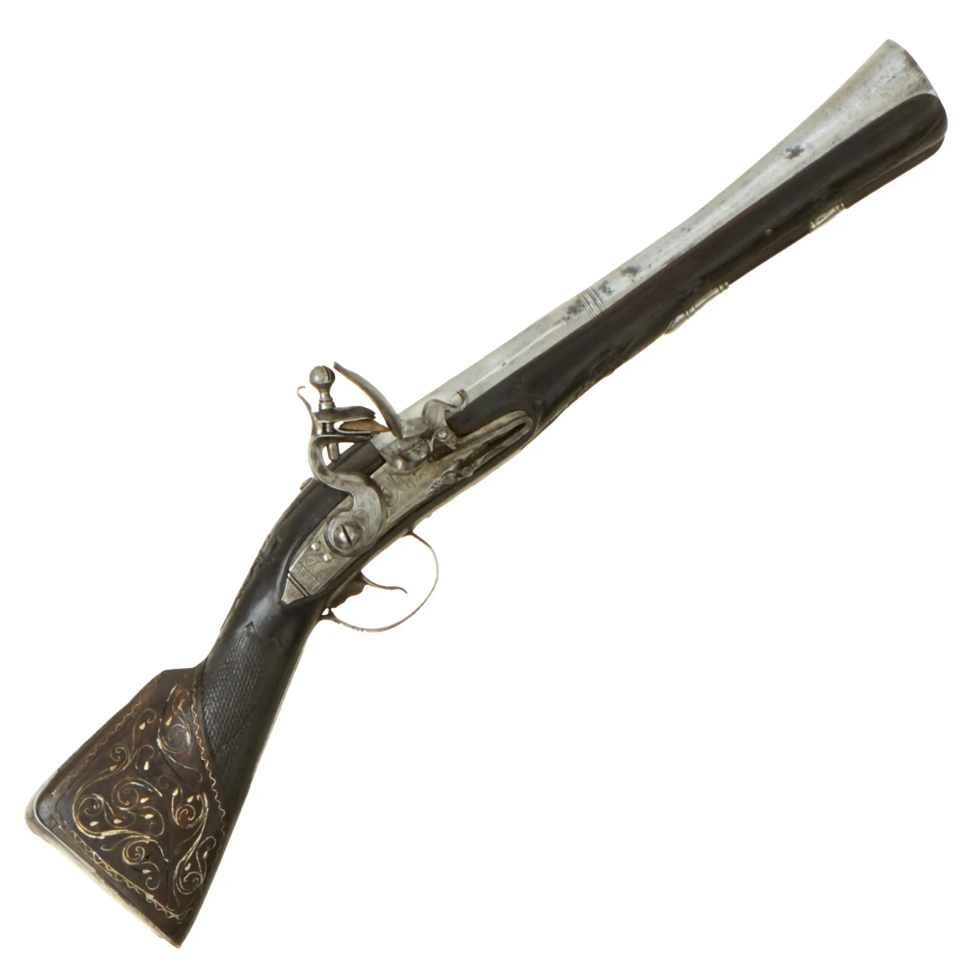 Original Ottoman Flintlock Full Stock Blunderbuss Pistol with Silver Wire Inlaid Butt Stock - circa 1800-1840