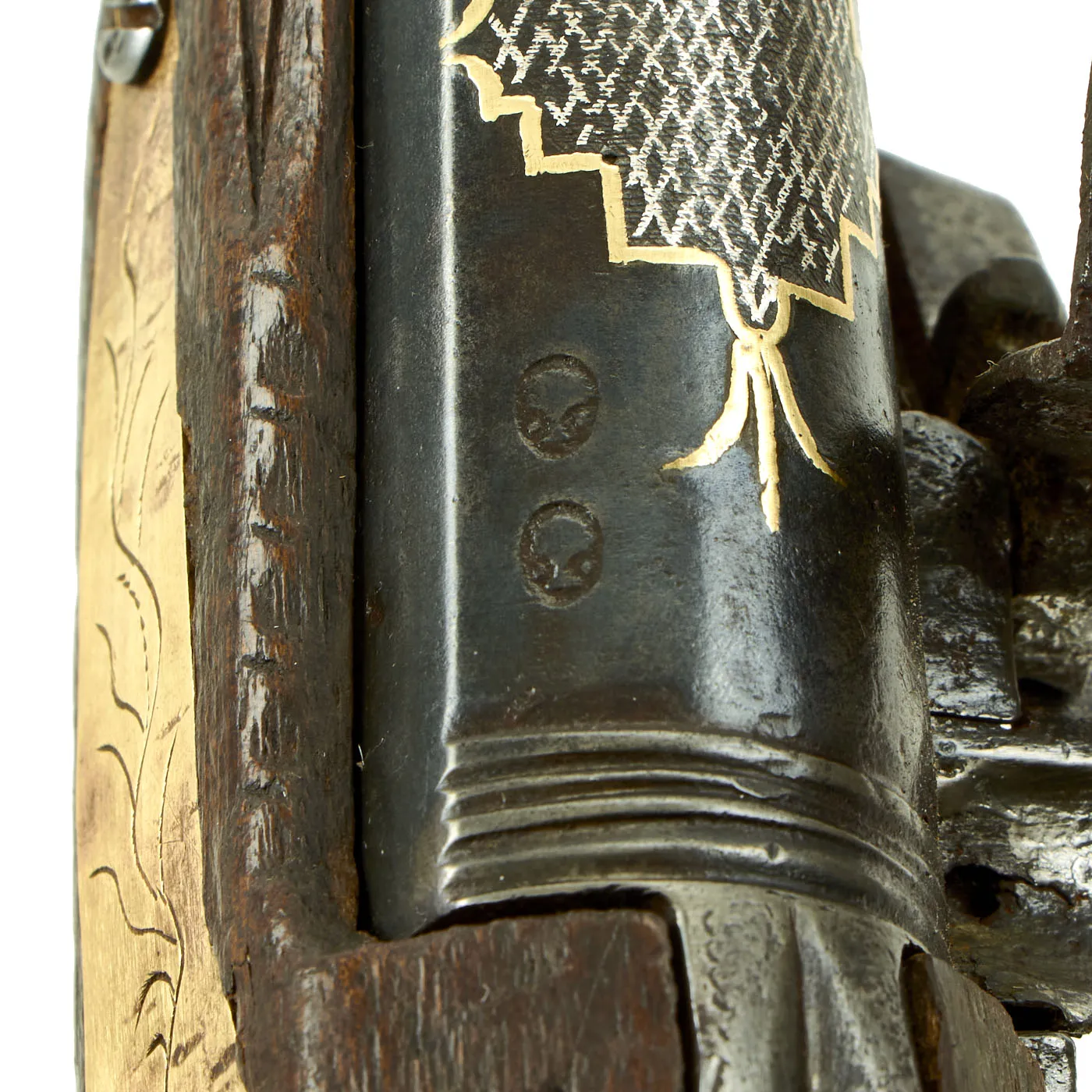 Original Ottoman Turkish Brass Mounted Flintlock Pistol with Silver & Gold Inlaid Barrel - Circa 1820