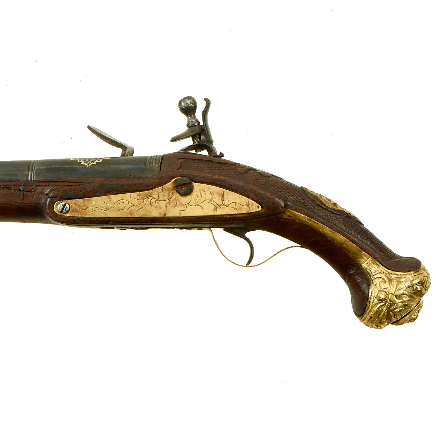 Original Ottoman Turkish Brass Mounted Flintlock Pistol with Silver & Gold Inlaid Barrel - Circa 1820