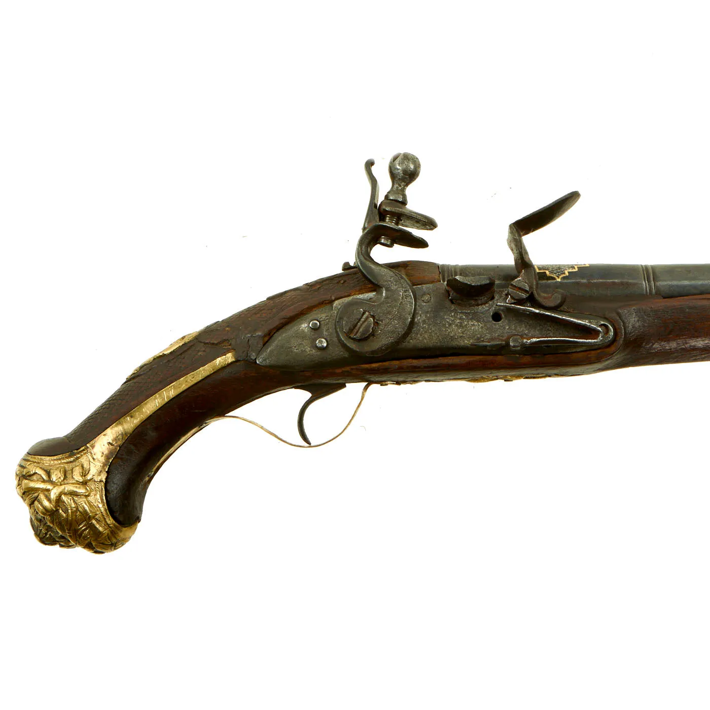 Original Ottoman Turkish Brass Mounted Flintlock Pistol with Silver & Gold Inlaid Barrel - Circa 1820