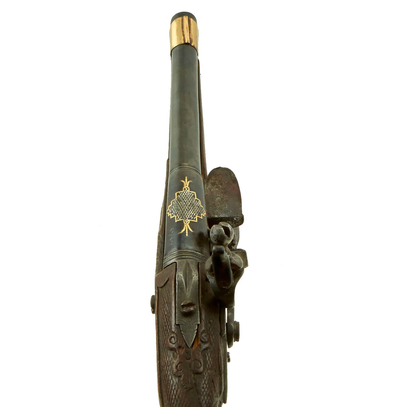 Original Ottoman Turkish Brass Mounted Flintlock Pistol with Silver & Gold Inlaid Barrel - Circa 1820