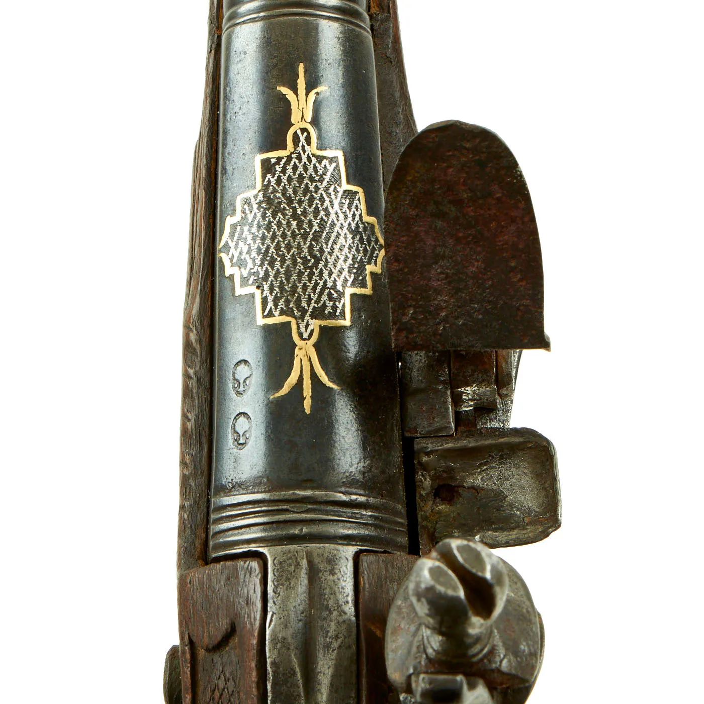 Original Ottoman Turkish Brass Mounted Flintlock Pistol with Silver & Gold Inlaid Barrel - Circa 1820