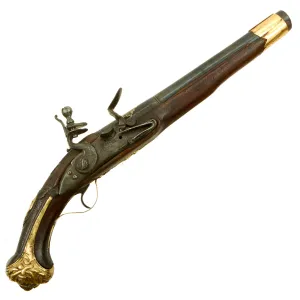 Original Ottoman Turkish Brass Mounted Flintlock Pistol with Silver & Gold Inlaid Barrel - Circa 1820