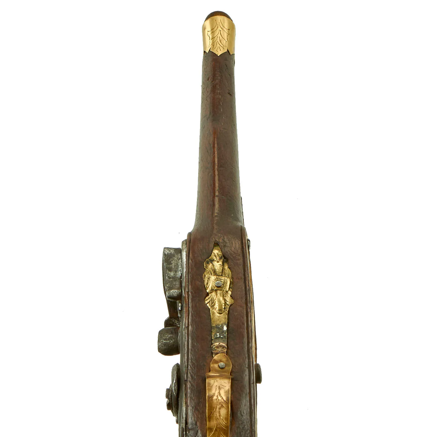 Original Ottoman Turkish Brass Mounted Flintlock Pistol with Silver & Gold Inlaid Barrel - Circa 1820