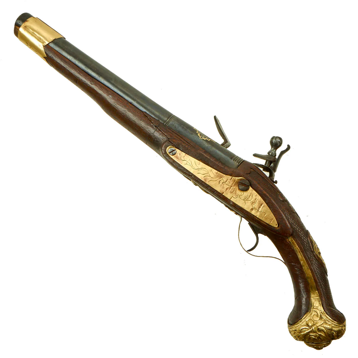 Original Ottoman Turkish Brass Mounted Flintlock Pistol with Silver & Gold Inlaid Barrel - Circa 1820