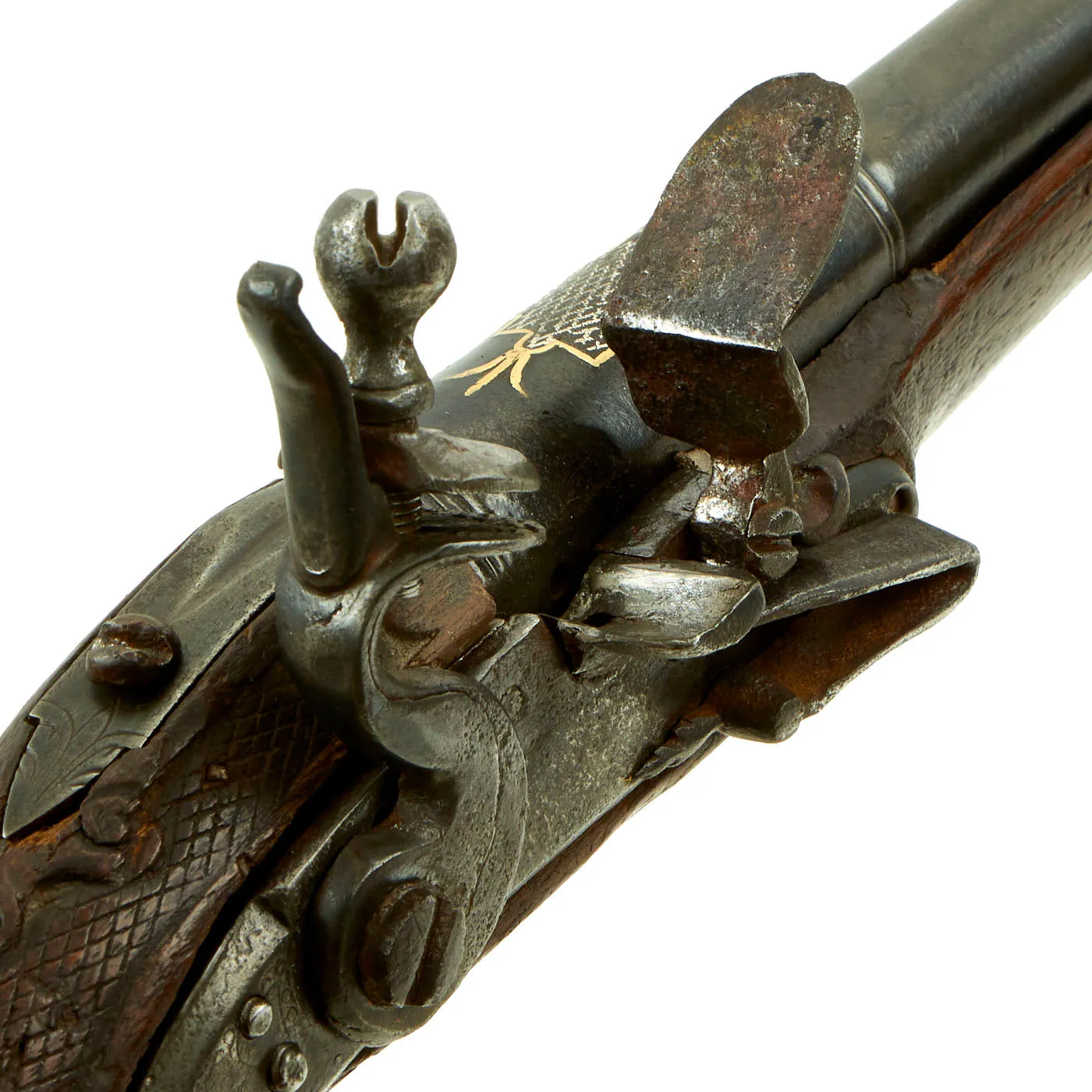 Original Ottoman Turkish Brass Mounted Flintlock Pistol with Silver & Gold Inlaid Barrel - Circa 1820