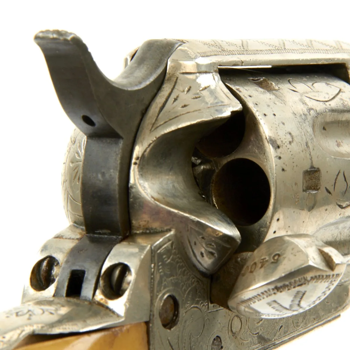 Original U.S. Antique Colt Engraved Nickel-Plated Single Action Army Revolver in .44-40 with Horn Grips - Serial 97633