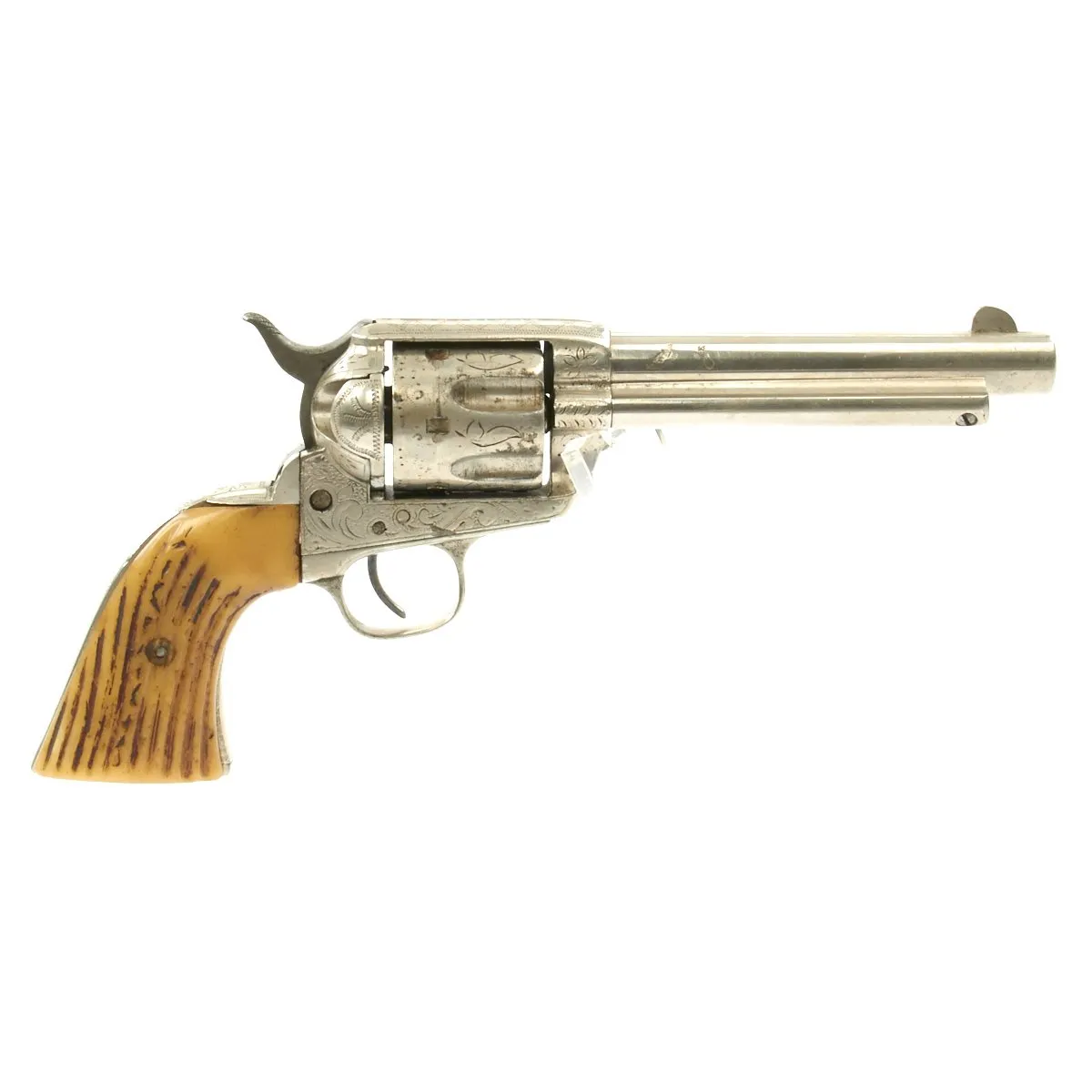 Original U.S. Antique Colt Engraved Nickel-Plated Single Action Army Revolver in .44-40 with Horn Grips - Serial 97633