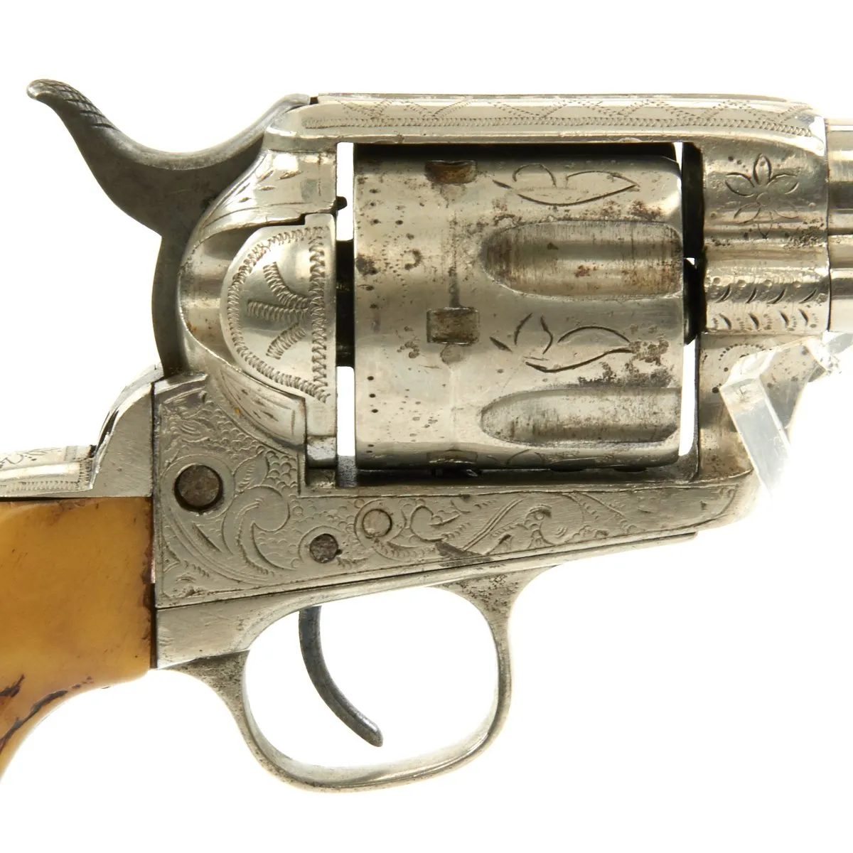 Original U.S. Antique Colt Engraved Nickel-Plated Single Action Army Revolver in .44-40 with Horn Grips - Serial 97633