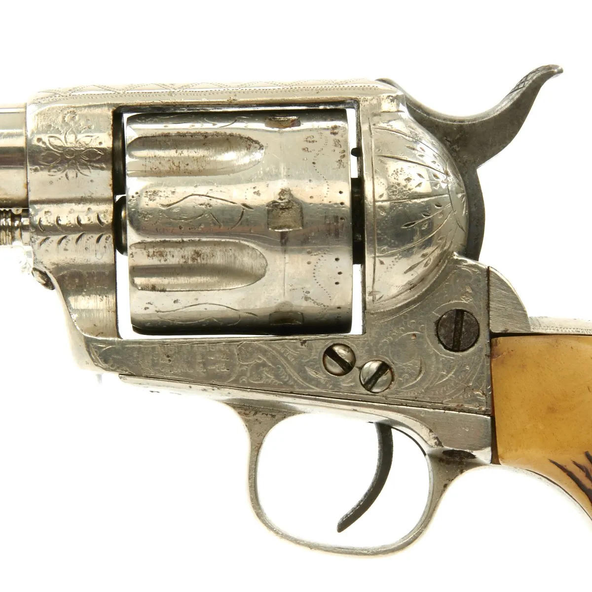 Original U.S. Antique Colt Engraved Nickel-Plated Single Action Army Revolver in .44-40 with Horn Grips - Serial 97633