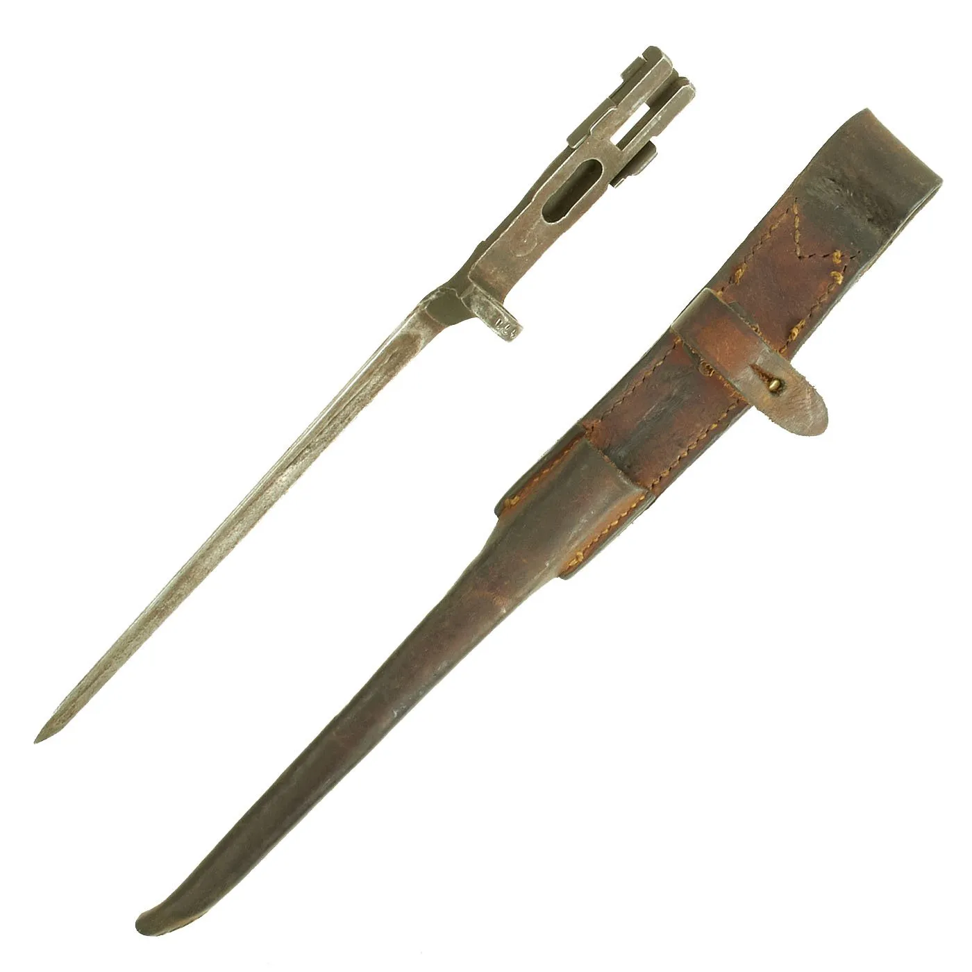 Original U.S. WWII Rare M1941 Johnson Rifle Spike Bayonet with Leather Scabbard