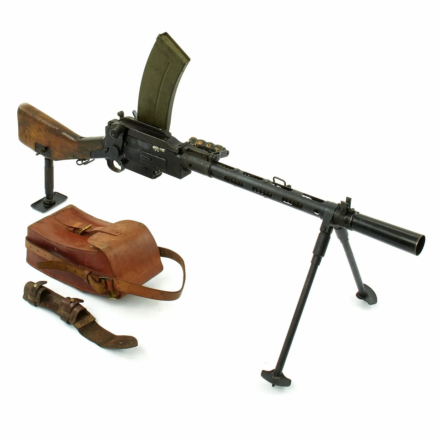 Authentic WWII Danish Madsen Light Machine Gun with Monopod and Magazine Pouch - Collectors Display Piece