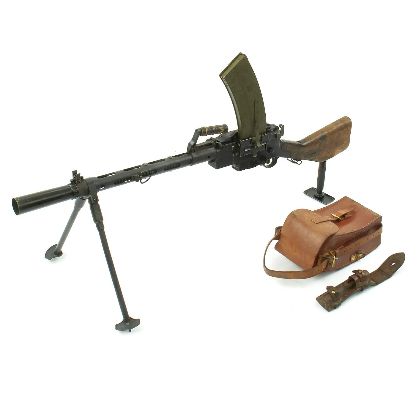 Authentic WWII Danish Madsen Light Machine Gun with Monopod and Magazine Pouch - Collectors Display Piece