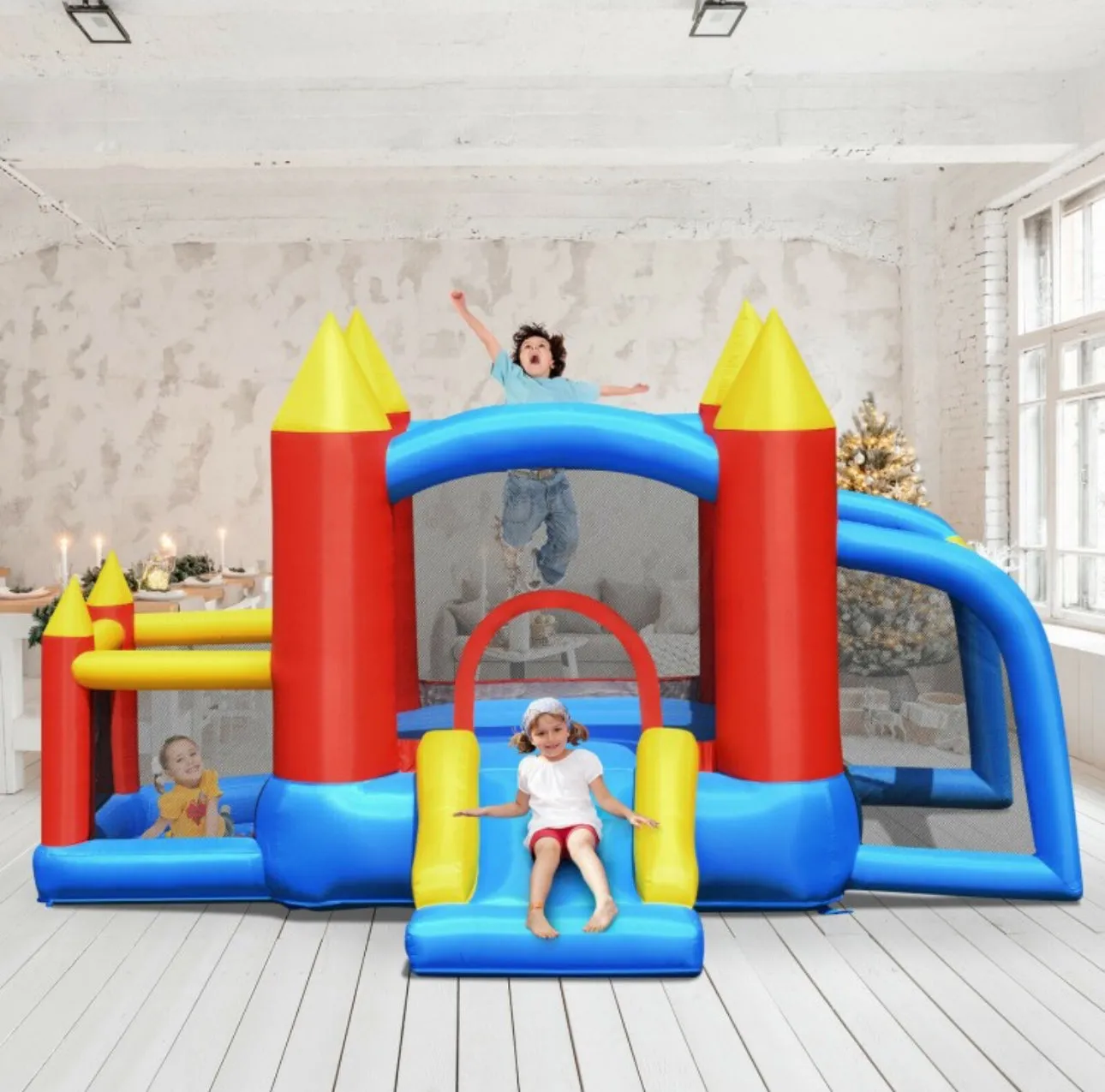 Super Cute & Colourful Inflatable Kids Bouncy Slide Jumping Castle House With 740W Blower | Indoor / Outdoor,Basketball,Football,Ball Pit,Carry Bag